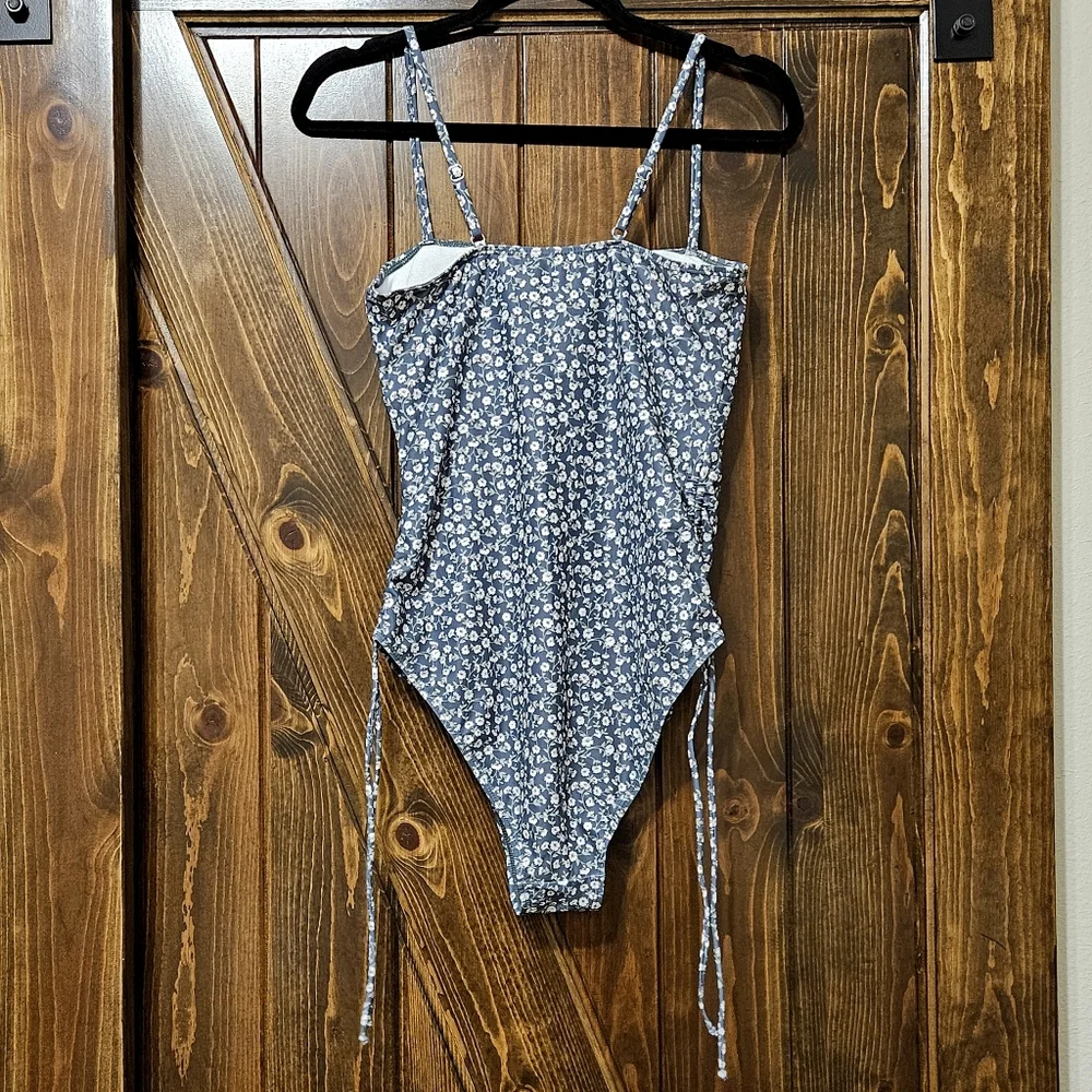 SWIMSUIT One Piece L green white floral ruched sides adjustable cottagecore VGUC
